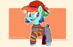 Size: 2000x1300 | Tagged: safe, artist:matterproblem, imported from derpibooru, rainbow dash, pony, alternate hairstyle, backwards ballcap, baseball cap, cap, clothes, hat, shirt, solo, striped shirt