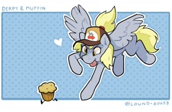 Size: 2000x1300 | Tagged: safe, artist:matterproblem, imported from derpibooru, derpy hooves, pegasus, pony, cap, cute, derpabetes, flying, food, hat, heart, mailmare hat, muffin, that pony sure does love muffins, tongue out