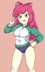 Size: 1881x2952 | Tagged: safe, artist:sumin6301, imported from derpibooru, apple bloom, equestria girls, belly button, breasts, buruma, hand on hip, looking at you, older, older apple bloom, open mouth, orange background, peace sign, simple background, solo, sports panties