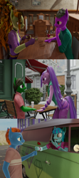 Size: 2160x4860 | Tagged: safe, alternate version, artist:stellarator, edit, imported from derpibooru, adagio dazzle, aria blaze, sonata dusk, oc, oc:peach cobbler, oc:smoothie, oc:tokamak, anthro, unguligrade anthro, comic:we will be adored, comic:we will be adored part 12, comic:we will be adored part 16, comic:we will be adored part 3, 3d, absurd resolution, anthro oc, blender, blender cycles, canon x oc, collage, comic, comic panel, cycles, disguise, disguised siren, female, flower, gem, high res, lidded eyes, looking at each other, male, not sfm, peadagio, rose, shipping, siren gem, smoonata, straight, the dazzlings, tokamaria, van