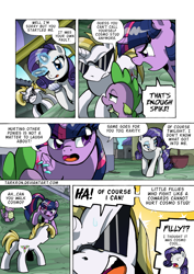 Size: 1204x1700 | Tagged: safe, artist:tarkron, imported from derpibooru, rarity, spike, twilight sparkle, oc, oc:cosmo cool, alicorn, dragon, pony, unicorn, comic:the royal sandal, comic, glasses, glowing horn, horn, magic, speech bubble, telekinesis, twilight sparkle (alicorn)