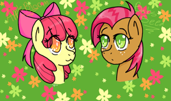 Size: 1200x712 | Tagged: safe, artist:grumpytheunicorn, imported from derpibooru, apple bloom, babs seed, earth pony, pony, :3, bust, cousins, duo, duo female, eye clipping through hair, female, filly, portrait