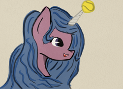 Size: 4096x2989 | Tagged: safe, artist:mylittleninja, imported from derpibooru, izzy moonbow, pony, unicorn, ball, bust, female, g5, high res, horn, horn guard, horn impalement, hornball, izzy's tennis ball, mare, portrait, solo, tennis ball