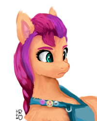 Size: 4000x5000 | Tagged: safe, artist:raphaeldavid, imported from derpibooru, sunny starscout, earth pony, pony, absurd resolution, badge, bag, braid, female, g5, looking back, mare, saddle bag, signature, simple background, solo, white background