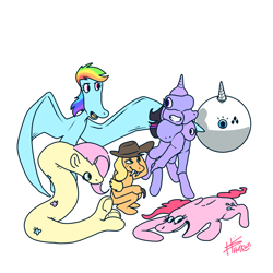 Size: 2048x2048 | Tagged: safe, artist:hotkoin, artist:pencilbrony, imported from derpibooru, applejack, fluttershy, pinkie pie, rainbow dash, rarity, twilight sparkle, all tomorrows, cyriak, fluttersnake, gravital, high res, killer folk person, lopsider person, modular person, not salmon, pterosapien person, snake person, species swap, wat