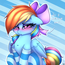 Size: 3200x3200 | Tagged: safe, artist:heavymetalbronyyeah, imported from derpibooru, rainbow dash, pegasus, pony, :o, backwards cutie mark, blushing, bow, chest fluff, clothes, cute, dashabetes, female, floppy ears, hair bow, high res, looking at you, mare, open mouth, socks, solo, striped socks