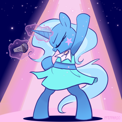 Size: 2048x2048 | Tagged: safe, artist:pfeffaroo, imported from derpibooru, trixie, pony, unicorn, bipedal, clothes, cute, diatrixes, dress, female, glowing horn, high res, horn, magic, mare, microphone, singing, solo, telekinesis