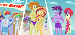 Size: 8741x4133 | Tagged: safe, artist:urhangrzerg, imported from derpibooru, adagio dazzle, aria blaze, moondancer, rainbow dash, sci-twi, sonata dusk, sunset shimmer, twilight sparkle, equestria girls, allegro amoroso, beach, bikini, clothes, dark shine, dusk shine, equestria girls-ified, equestria guys, midnight sparkle, ouvertis grandioso, rainbow blitz, rule 63, scherzo lesto, sci-dusk, self paradox, sexual harassment, speedo, summer, swimsuit, the dazzlings