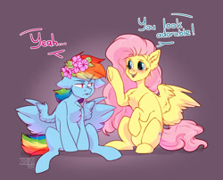 Size: 1716x1387 | Tagged: safe, artist:shini951, artist:shinizavr, imported from derpibooru, fluttershy, rainbow dash, pegasus, pony, dialogue, duo, female, females only, flower, flower in hair, text