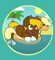 Size: 4072x4424 | Tagged: safe, alternate version, artist:rokosmith26, imported from derpibooru, imported from ponybooru, applejack, oc, oc only, oc:acres, earth pony, pony, alternate character, beach, blonde, blonde mane, blonde tail, brown coat, coat markings, coconut, commission, cowboy hat, cute, earth pony oc, floating, food, hat, high res, inflatable, inflatable toy, inner tube, male, open mouth, palm tree, pool toy, sand, smiling, solo, stallion, sun, tree, water, ych result