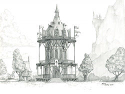 Size: 1400x1051 | Tagged: safe, artist:baron engel, imported from derpibooru, building, canterlot, flag, monochrome, mountain, no pony, pencil drawing, ponyville, ponyville town hall, scenery, statue, traditional art, tree