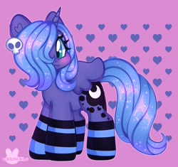 Size: 3193x3000 | Tagged: safe, artist:bunxl, imported from derpibooru, princess luna, alicorn, pony, blushing, clothes, heart, high res, looking at you, s1 luna, skull, socks, solo, spread wings, striped socks, wings