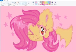 Size: 1444x990 | Tagged: safe, artist:bunxl, imported from derpibooru, fluttershy, bat pony, pony, bat ponified, fangs, flutterbat, looking at you, ms paint, one eye closed, race swap, smiling, solo, wink