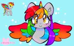 Size: 3439x2149 | Tagged: safe, artist:bunxl, imported from derpibooru, oc, oc only, oc:derfy dash, alicorn, pony, high res, looking at you, magical lesbian spawn, offspring, parent:derpy hooves, parent:rainbow dash, smiling, solo, spread wings, wings