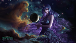 Size: 1920x1080 | Tagged: safe, artist:amarthgul, imported from derpibooru, princess luna, human, clothes, dress, elf ears, goddess, humanized, macro, moon, nebula, planet, solo, tangible heavenly object