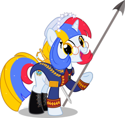 Size: 4000x3796 | Tagged: safe, artist:n0kkun, imported from derpibooru, oc, oc only, oc:arepita, pony, unicorn, boots, clothes, coat, female, freckles, glasses, hat, headband, jewelry, mare, multicolored hair, nation ponies, necklace, open mouth, ponified, raised hoof, shirt, shoes, simple background, solo, spear, sword, transparent background, venezuela, weapon