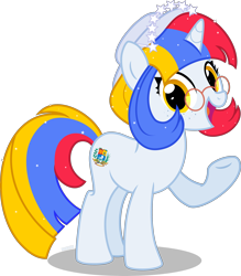 Size: 3000x3430 | Tagged: safe, alternate version, artist:n0kkun, imported from derpibooru, oc, oc only, oc:arepita, pony, unicorn, female, freckles, glasses, hat, headband, high res, mare, multicolored hair, nation ponies, open mouth, ponified, raised hoof, simple background, solo, transparent background, venezuela