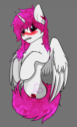 Size: 2364x3888 | Tagged: safe, artist:alistair504, imported from derpibooru, oc, oc only, alicorn, pony, alicorn oc, blushing, chest fluff, eye clipping through hair, gray background, high res, horn, looking at you, male, simple background, solo, stallion, wings