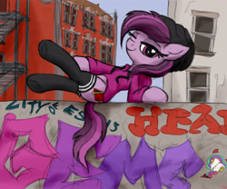 Size: 4096x3400 | Tagged: safe, artist:littlenaughtypony, imported from derpibooru, oc, oc only, oc:ruby geminis, earth pony, pony, alternate clothes, beanie, clothes, graffiti, hat, hoodie, smiling, socks, stockings, thigh highs, underhoof, wall