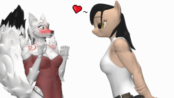 Size: 2560x1440 | Tagged: safe, artist:mr-wolfapex, artist:wolfthepredator, imported from derpibooru, oc, oc only, oc:kate marek (lightning-crit), anthro, earth pony, 3d, amaterasu, blushing, female, females only, flirting, furry x pony, heart, implied lesbian, muscles, muscular female, okami