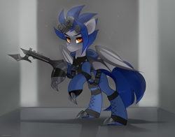 Size: 2300x1800 | Tagged: safe, artist:zlatavector, imported from derpibooru, oc, oc only, oc:dusk blade, bat pony, dark eldar, eldar, pegasus, pony, bat pony oc, bat wings, claws, commission, crossover, equipment, male, metal claws, solo, splinter rifle, stallion, warhammer (game), warhammer 40k, weapon, wings