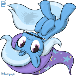 Size: 1000x1000 | Tagged: safe, artist:hiddelgreyk, imported from derpibooru, trixie, pony, unicorn, artist signature, clothes, cute, cutie mark, diatrixes, eyelashes, female, hat, horn, lying down, mare, object in mouth, on back, signature, simple background, solo, transparent background, trixie's hat, upside down, wand