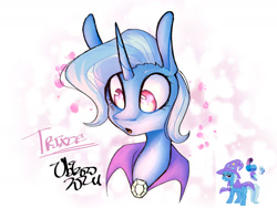 Size: 1280x960 | Tagged: safe, artist:ubizozo, imported from derpibooru, trixie, pony, unicorn, cape, clothes, cute, diatrixes, eyelashes, hat, horn, open mouth, signature, solo, surprised, trixie's cape, trixie's hat