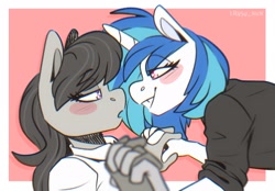 Size: 2048x1423 | Tagged: safe, artist:lrusu, imported from derpibooru, dj pon-3, octavia melody, vinyl scratch, anthro, earth pony, unicorn, black shirt, blushing, clothes, female, holding hands, leaning forward, lesbian, looking at each other, scratchtavia, shipping, shirt, white shirt