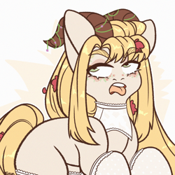 Size: 2000x2000 | Tagged: safe, artist:etoz, imported from derpibooru, oc, oc only, oc:lily, original species, pony, angry, annoyed, clothes, eyebrows, eyebrows visible through hair, female, flower, flower in hair, grumpy, high res, horns, mare, open mouth, solo, teeth, tongue out