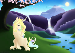 Size: 1920x1344 | Tagged: safe, artist:acry-artwork, imported from derpibooru, oc, oc only, oc:acry, oc:acry weaver, pony, unicorn, mountain, river, solo, sun, tree, waterfall