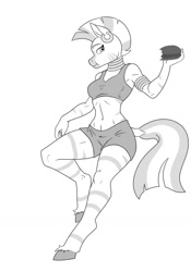 Size: 1024x1461 | Tagged: safe, artist:anadukune, imported from derpibooru, zecora, anthro, unguligrade anthro, zebra, burger, clothes, commission, female, food, hamburger, lineart, looking at you, monochrome, shorts, simple background, socks, solo, tanktop, white background, wip