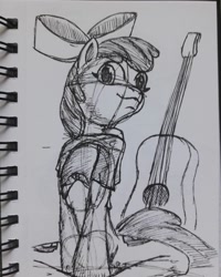 Size: 1080x1350 | Tagged: safe, artist:rockhoppr3, imported from derpibooru, apple bloom, earth pony, pony, female, filly, guitar, musical instrument, sketch, sketchbook, smiling, solo, traditional art