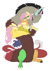 Size: 3194x4458 | Tagged: safe, artist:snspony, imported from derpibooru, imported from twibooru, discord, fluttershy, draconequus, hybrid, pegasus, pony, cute, discoshy, female, high res, holding a pony, interspecies offspring, male, offspring, parent:discord, parent:fluttershy, parents:discoshy, shipping, simple background, straight, white background