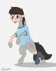 Size: 1006x1280 | Tagged: safe, artist:furnaise, imported from derpibooru, octavia melody, earth pony, human, pony, blushing, clothes, eye color change, human to pony, male to female, pants, rule 63, shirt, solo, transformation, transgender transformation