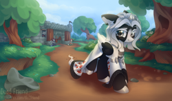 Size: 4000x2356 | Tagged: safe, artist:dedfriend, imported from derpibooru, imported from ponybooru, oc, oc only, oc:kate braxton, earth pony, pegasus, pony, armor, castle, cloak, clothes, female, flag, guard, medieval, outdoors, path, rock, scenery, spear, tree, walking, weapon