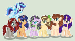 Size: 1024x558 | Tagged: safe, artist:shiibases, artist:sistervailory, imported from derpibooru, oc, oc only, oc:apple rope, oc:cream pie, oc:fluorite, oc:knightfall moon, oc:rosabella, oc:sky blue, oc:star velvet, alicorn, dracony, dragon, earth pony, hybrid, pegasus, pony, unicorn, alicorn oc, base used, earth pony oc, female, green background, horn, interspecies offspring, mare, offspring, parent:applejack, parent:caramel, parent:cheese sandwich, parent:flash sentry, parent:fluttershy, parent:king sombra, parent:pinkie pie, parent:rainbow dash, parent:rarity, parent:soarin', parent:spike, parent:twilight sparkle, parents:carajack, parents:cheesepie, parents:flashlight, parents:soarindash, parents:sombrashy, parents:sparity, pegasus oc, simple background, unicorn oc, wings