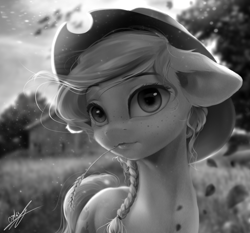 Size: 2200x2050 | Tagged: safe, artist:thatdreamerarts, imported from derpibooru, applejack, earth pony, pony, alternate hairstyle, braid, cowboy hat, female, grayscale, hat, high res, mare, monochrome, photo, realistic, solo, straw in mouth, sweet apple acres