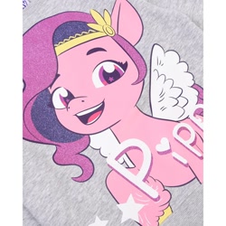 Size: 1500x1500 | Tagged: safe, imported from derpibooru, pipp petals, pegasus, pony, 2d, clothes, female, g5, gray background, mare, merchandise, official, simple background, solo, sweatshirt, text