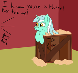 Size: 3198x2993 | Tagged: safe, artist:librarylonging, imported from derpibooru, lyra heartstrings, pony, unicorn, box, caught, crate, eating, food, herbivore, high res, implied anon, l.u.l.s., oats, pony in a box, puffy cheeks, solo, text, that pony sure does love oats