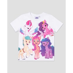 Size: 1500x1500 | Tagged: safe, imported from derpibooru, hitch trailblazer, izzy moonbow, pipp petals, sunny starscout, zipp storm, earth pony, pegasus, pony, unicorn, 2d, clothes, female, g5, gray background, male, mane five (g5), mare, merchandise, official, shirt, simple background, stallion, t-shirt