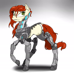 Size: 2449x2449 | Tagged: safe, artist:slouping, imported from ponybooru, oc, oc only, unnamed oc, cyborg, earth pony, pony, amputee, augmented, blank flank, cicatrization, female, mare, prosthetic leg, prosthetic limb, prosthetics, red mane, simple background, solo