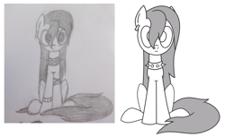 Size: 1634x1002 | Tagged: safe, artist:superderpybot, imported from ponybooru, oc, oc only, oc:punkpone, earth pony, pony, black and white, collar, ear piercing, earring, earth pony oc, female, grayscale, jewelry, looking at you, mare, monochrome, piercing, punk, sitting, spiked collar, traditional art