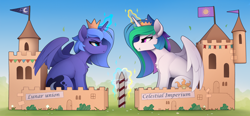 Size: 2900x1350 | Tagged: safe, artist:yakovlev-vad, imported from derpibooru, princess celestia, princess luna, alicorn, pony, cardboard, castle, crown, duo, female, glowing horn, horn, jewelry, magic, paper crown, pouting, pouty lips, regalia, royal sisters, s1 luna, sibling rivalry, siblings, sisters, sitting, telekinesis