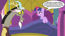 Size: 1024x575 | Tagged: safe, artist:silverbuller, edit, edited screencap, imported from derpibooru, screencap, discord, twilight sparkle, alicorn, draconequus, pony, ail-icorn, three's a crowd, spoiler:interseason shorts, bed, duo, female, horn, karma, male, mare, oh crap, sick, sicklight sparkle, swollen horn, twilight sparkle (alicorn)