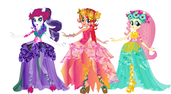 Size: 1253x690 | Tagged: safe, artist:cimmi cumes, imported from twibooru, fluttershy, rarity, sunset shimmer, equestria girls, legend of everfree, clothes, concept art, dress, gala dress, high heels, image, png, shoes, simple background, transparent background