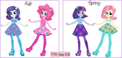 Size: 1400x669 | Tagged: safe, artist:cimmi cumes, imported from twibooru, fluttershy, pinkie pie, rarity, twilight sparkle, equestria girls, clothes, concept art, doll, high heels, image, official, png, shoes, socks, toy
