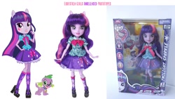 Size: 1280x720 | Tagged: dead source, safe, artist:cimmi cumes, imported from twibooru, spike, twilight sparkle, dog, equestria girls, bowtie, box, box art, concept art, doll, image, needs more jpeg, packaging, photo, spike the dog, toy, unreleased