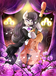 Size: 2109x2843 | Tagged: safe, artist:invidiata, imported from derpibooru, octavia melody, earth pony, pony, bipedal, bowtie, candle, cello, female, flower, hoof hold, mare, music notes, musical instrument, rose