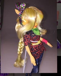 Size: 1080x1346 | Tagged: safe, artist:stephen sumner, imported from twibooru, applejack, equestria girls, belt, bracelet, braid, clothes, doll, headband, image, jewelry, needs more jpeg, pants, photo, prototype, side view, toy