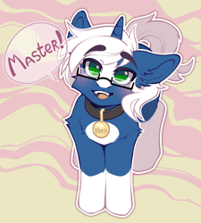 Size: 1774x1972 | Tagged: safe, artist:faract, imported from derpibooru, oc, oc only, oc:passi deeper, pony, unicorn, abstract background, blushing, coat markings, collar, colored pupils, dialogue, eyebrows, eyebrows visible through hair, floppy ears, glasses, green eyes, happy, horn, looking at you, looking up, male, master, open mouth, pet play, pony pet, shy, smiling, smiling at you, socks (coat markings), solo, stallion, standing, tail, text, unicorn oc